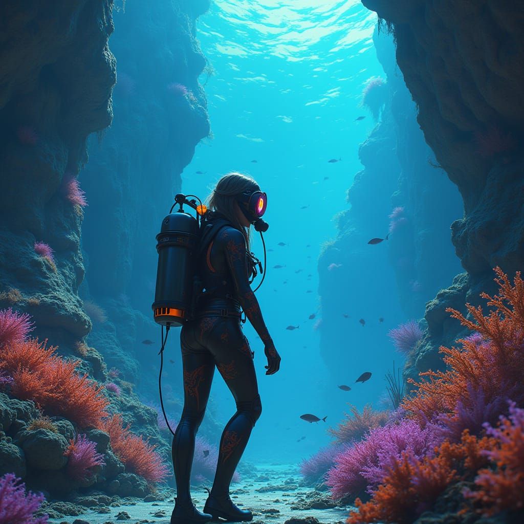 Futuristic Scuba Diver Explores Bioluminescent Atlantis