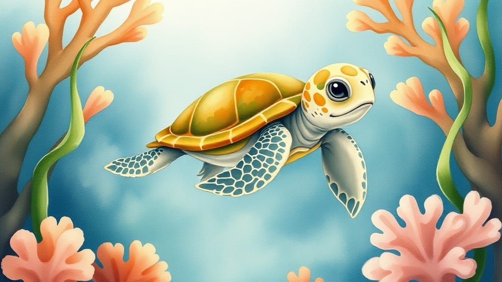 Watercolor Baby Turtle in Dreamy Underwater World