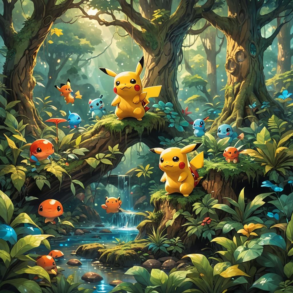 Pokemon Unite in Lush Forest: Fantasy Concept Art