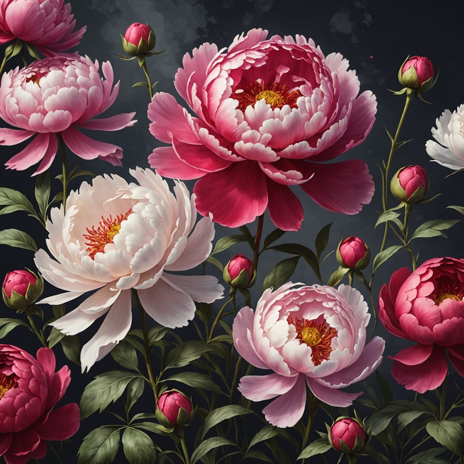 Ink and Watercolor Peonies in Detailed Matte Painting