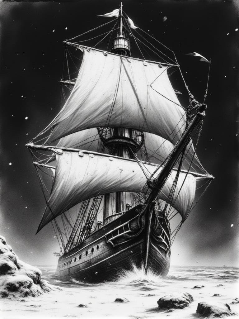 Tall Ship in Snowstorm: Monochromatic Sketch Style