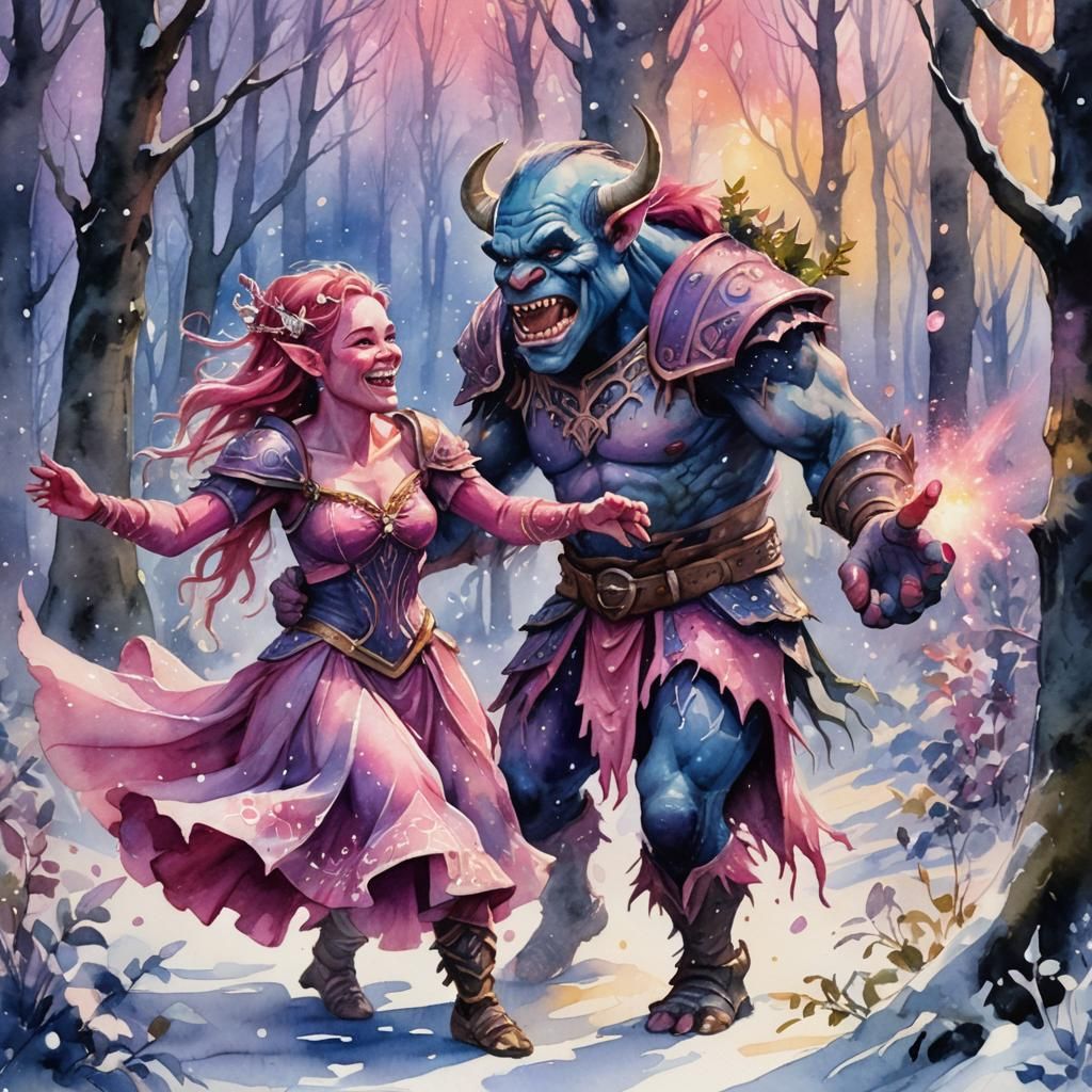 Pink Orc and Fairy Dance in Watercolor Forest