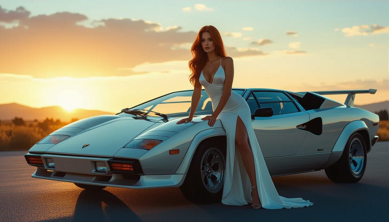 Woman in White Dress with Lamborghini Countach at Sunset
