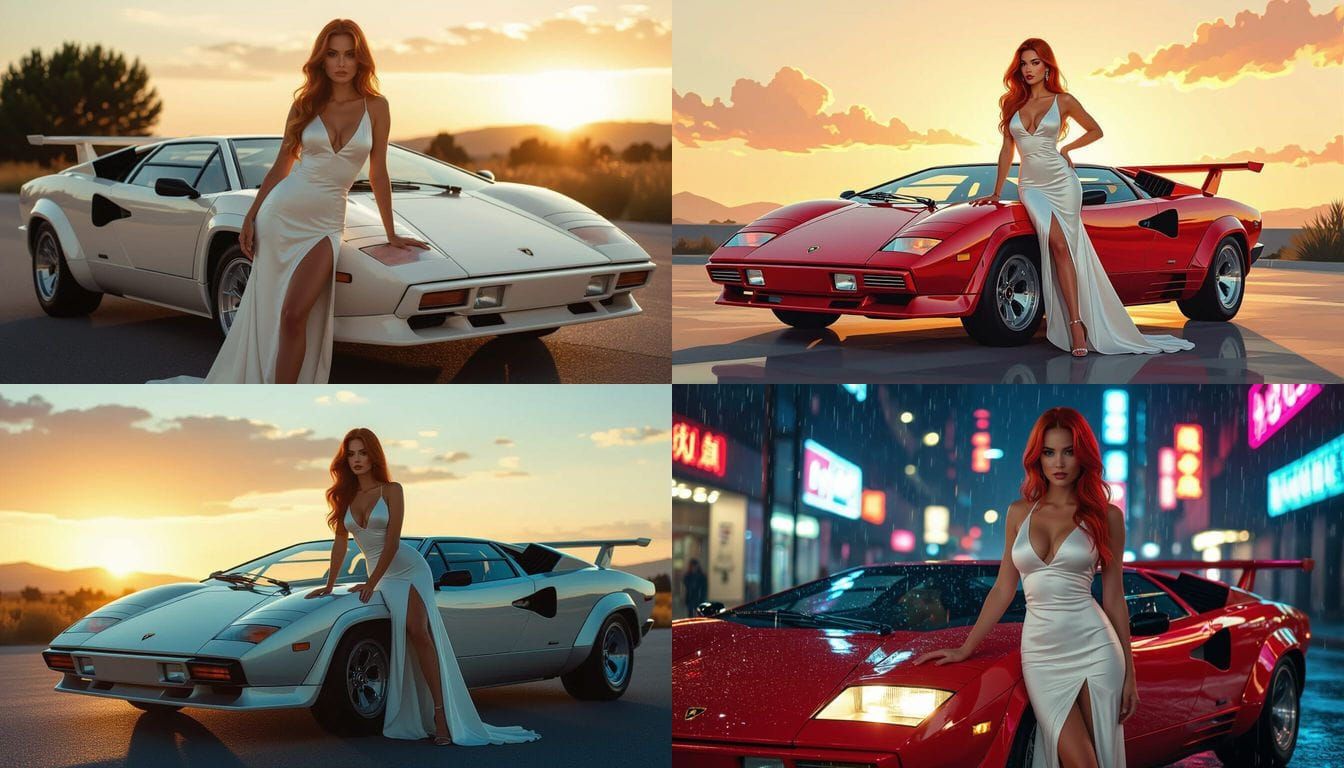 Woman in White Dress Leaning on Lamborghini Countach