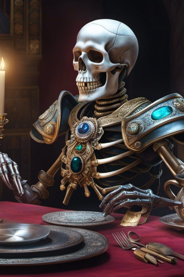 Armored Skeleton's Gemstone Feast: Hyperrealistic Dark Fanta...