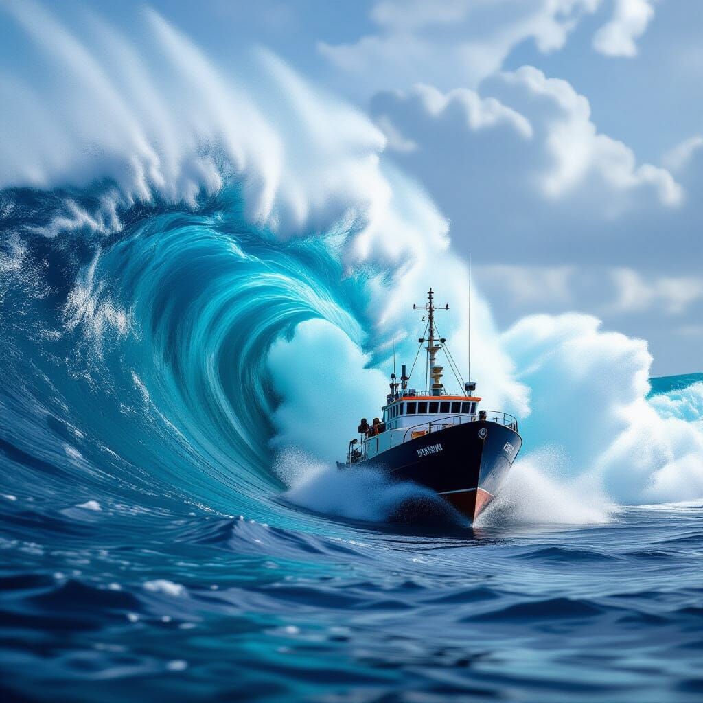 Massive Wave About to Engulf Small Ship in Hyperrealistic 8K