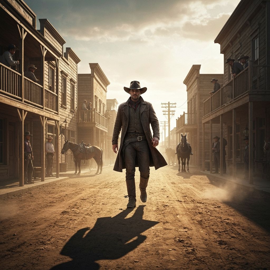 Lone Cowboy Walks Dusty Western Street at Golden Hour