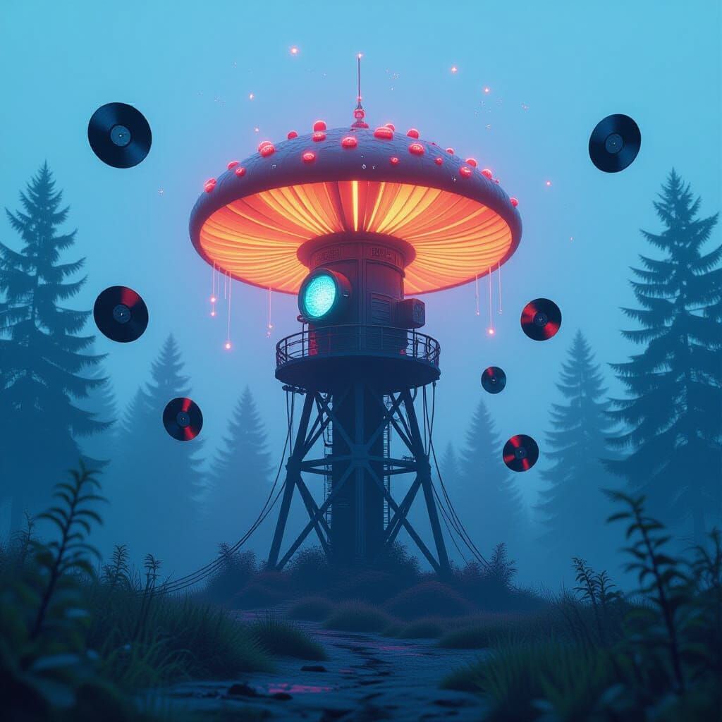 Retro-Futuristic Mushroom Radio Tower Broadcasting Psychedel...
