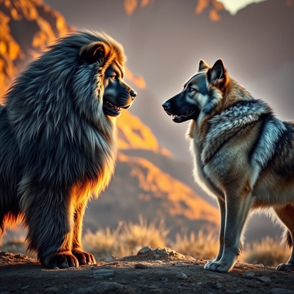 Majestic Tibetan Mastiff Confronts Powerful Caucasian Shephe...