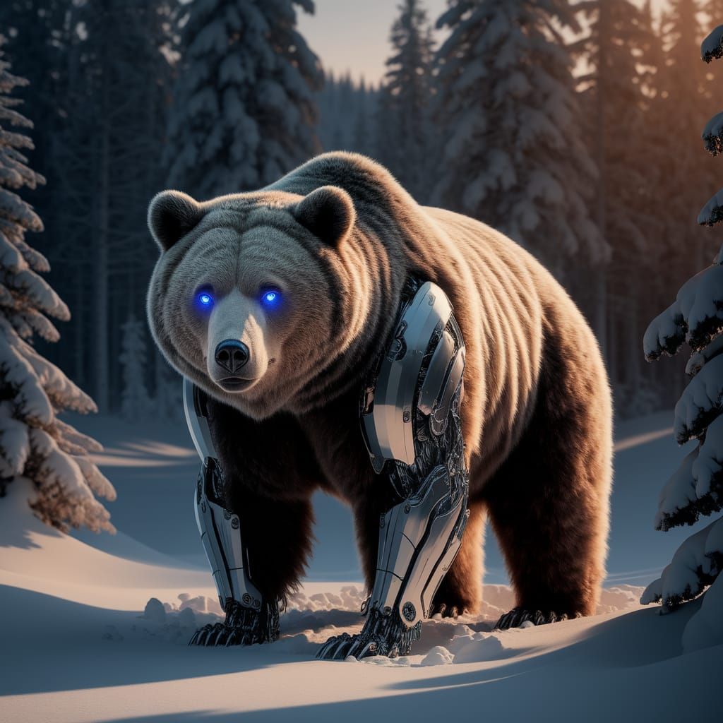 Cybernetic Grizzly Bear in Snowy Forest Clearing