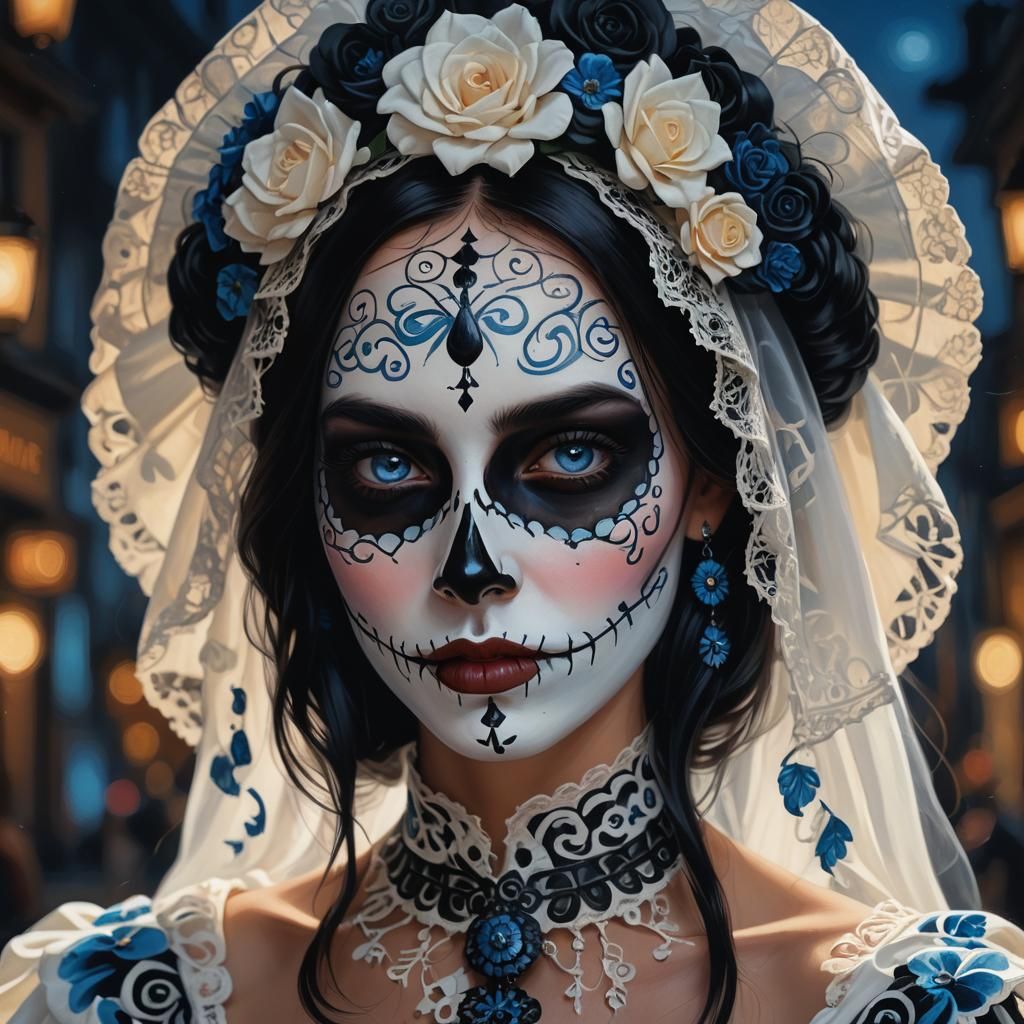 French Woman in Catrina Costume, Hyperrealistic Digital Oil ...