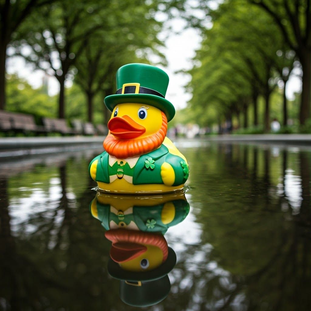 Leprechaun Rubber Duck Soaks Up Daylight in City Park