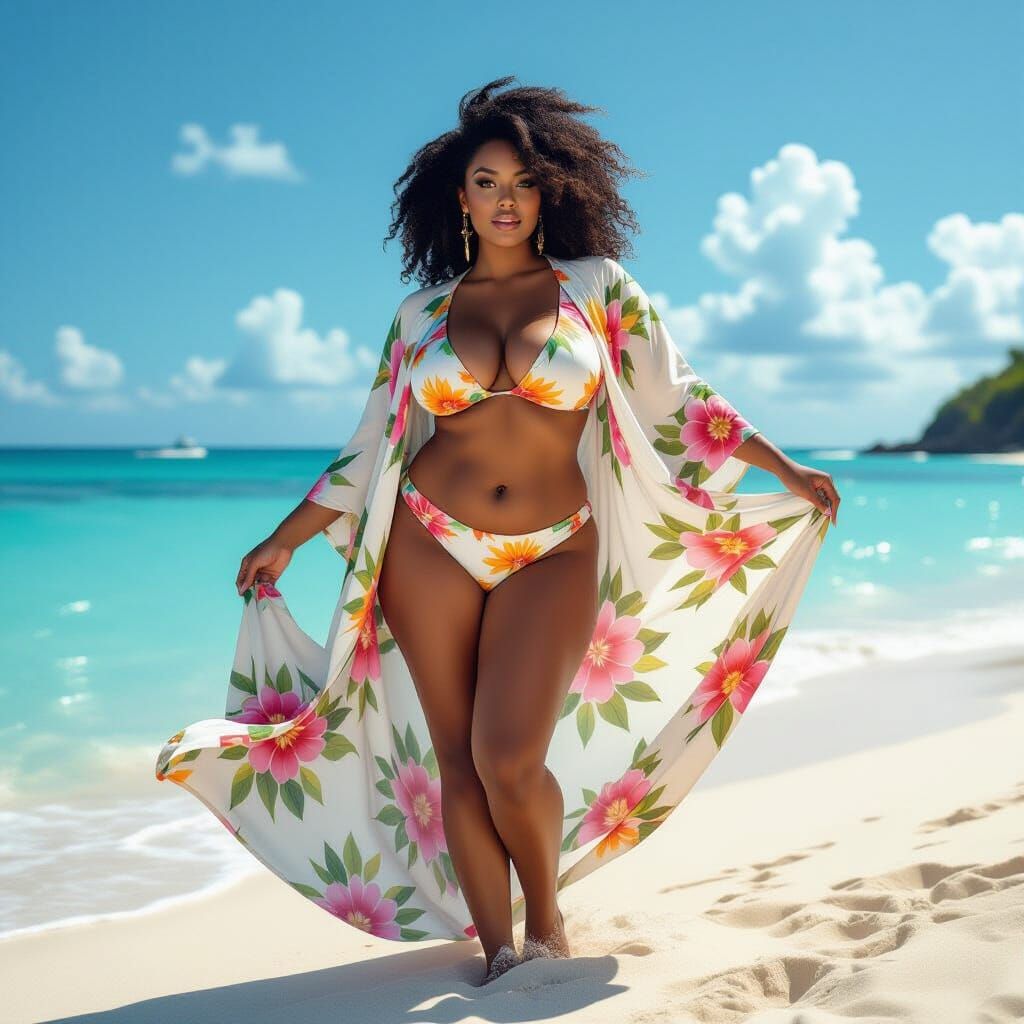 Glamorous Woman on Tropical Beach, Fine Art