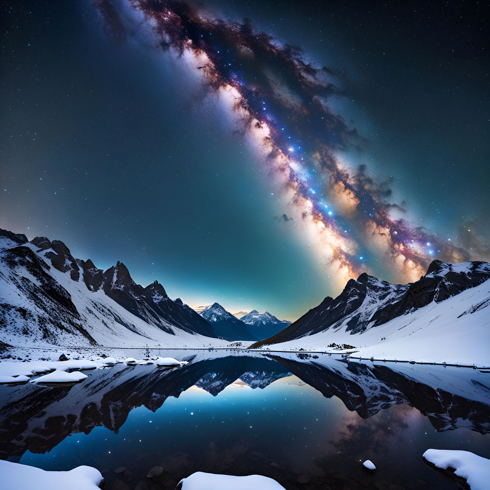 Milky Way Reflected in Snowy Mountain Lake