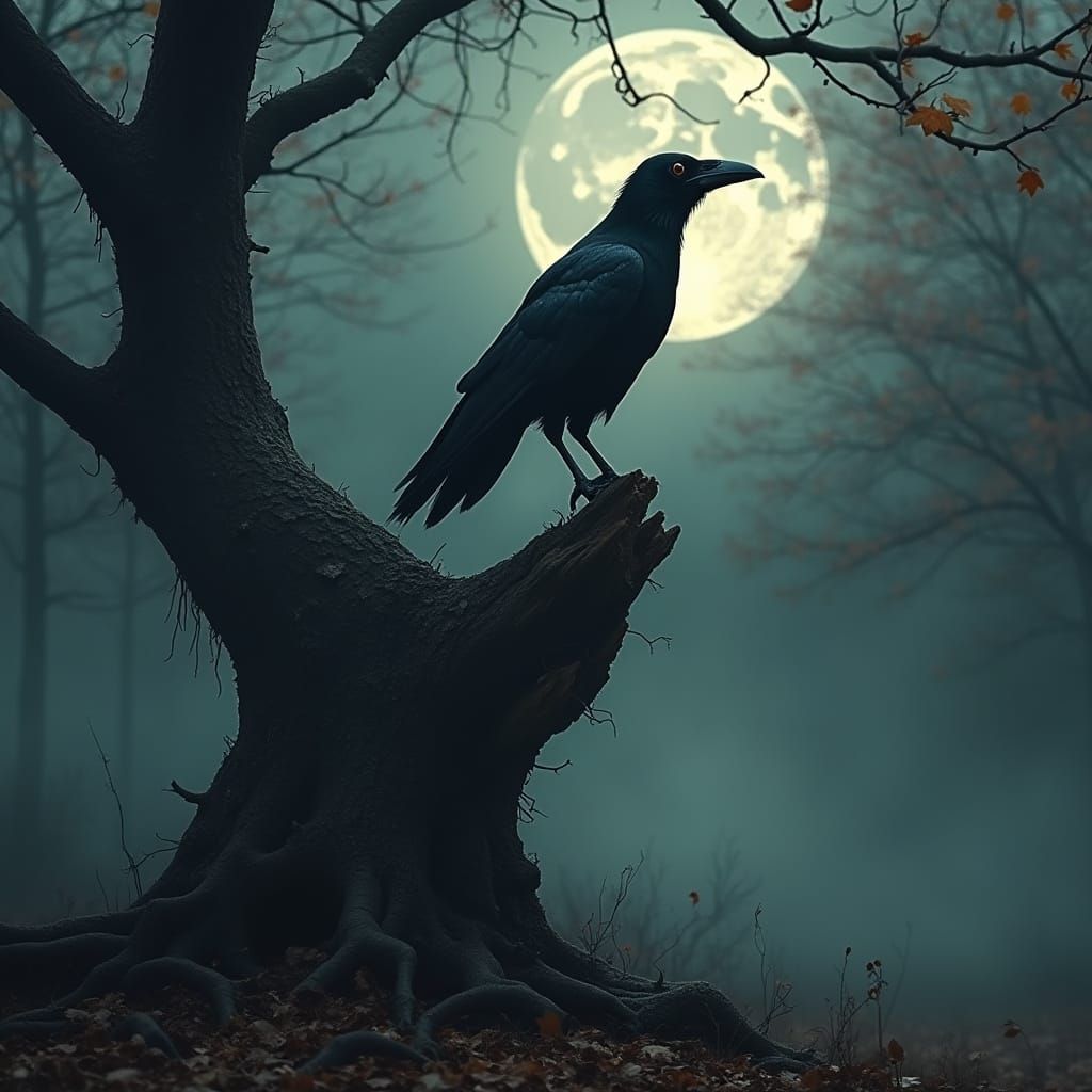 Raven in Moonlit Forest: Dark Fantasy Art