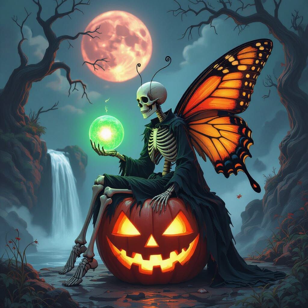 Skeletal Butterfly Holds Glowing Orb by Crimson Moon