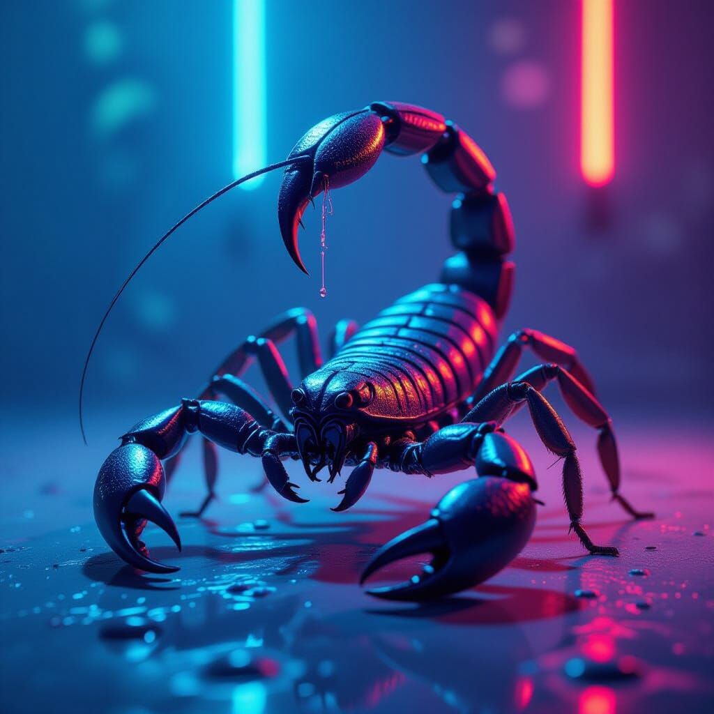 Scorpion Under Neon Light Strikes Itself