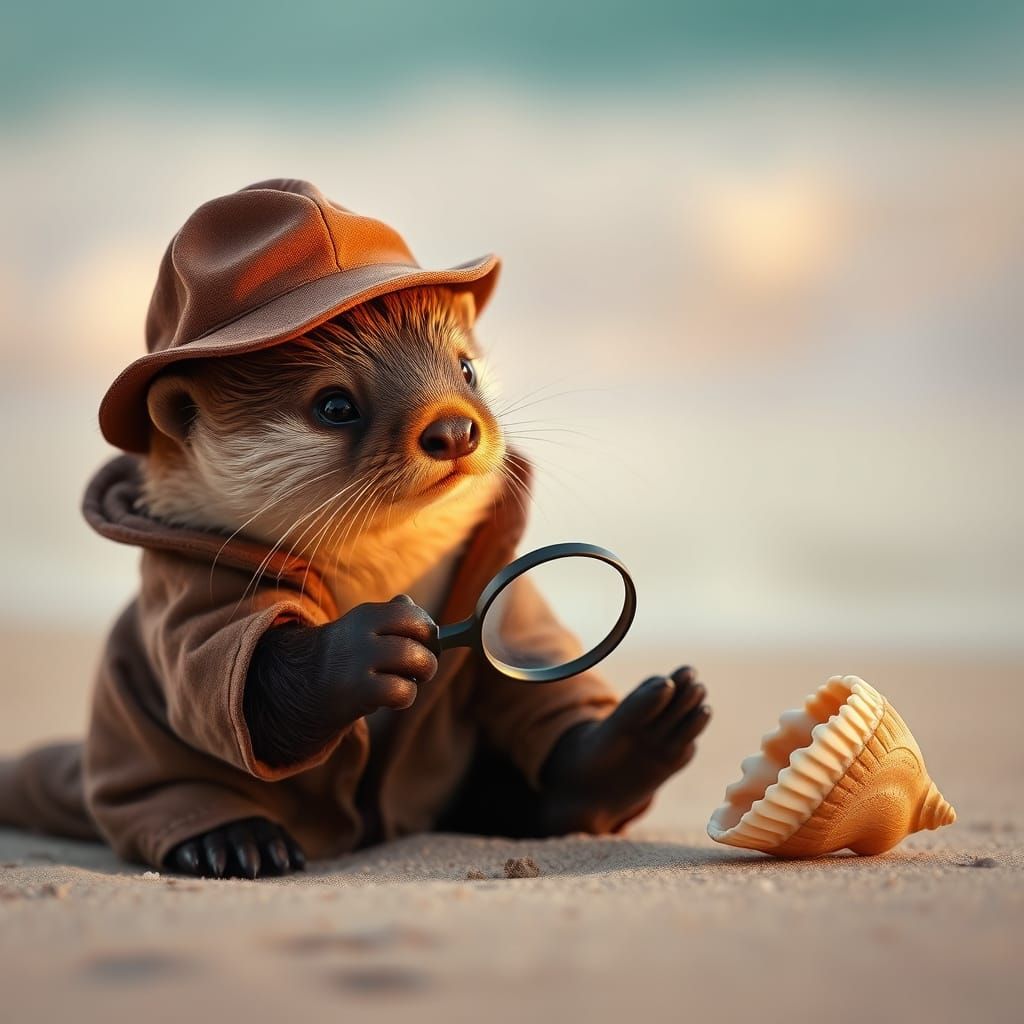 Detective Otter Pup Investigates Seashell: Cinematic Photo