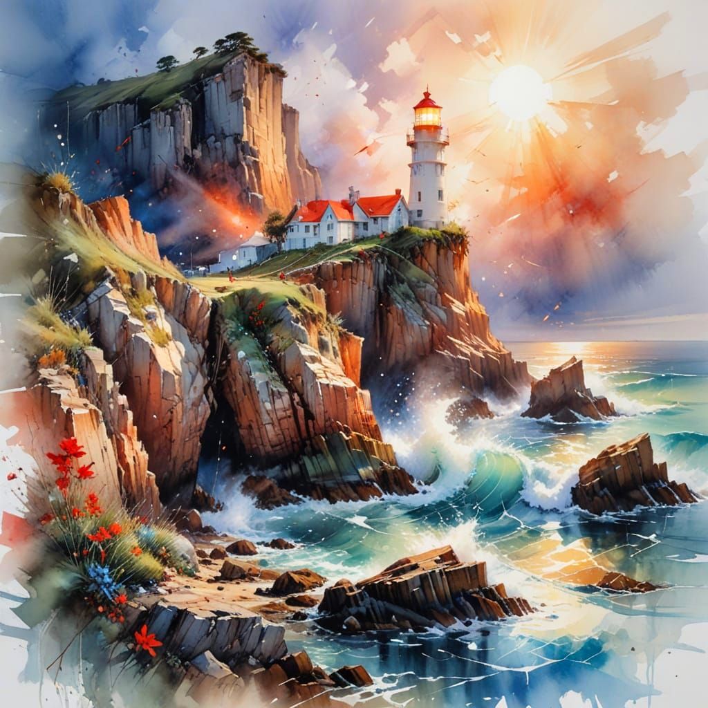 Scarlet Lighthouse on Rocky Coast in Watercolour Style