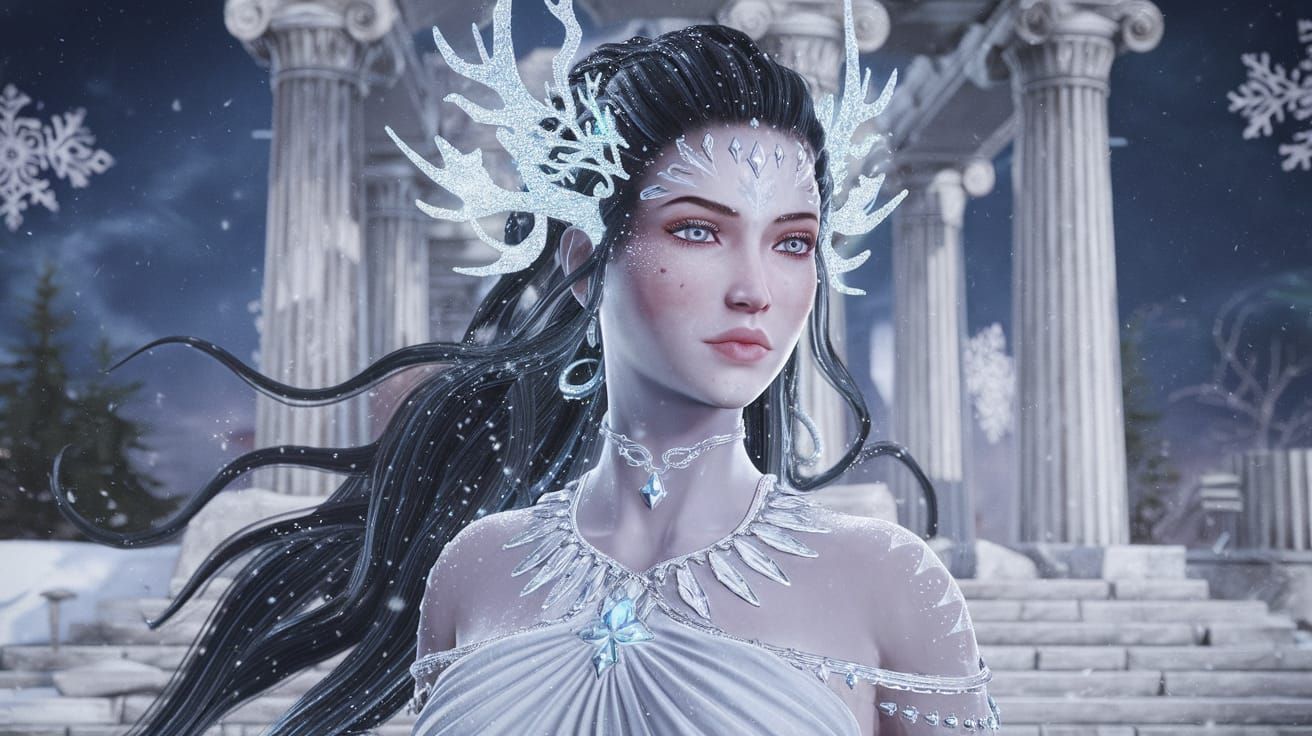 Surreal Winter Goddess in Greek Temple Ruins