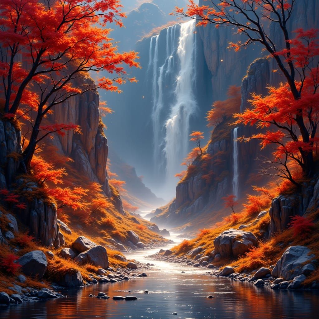 Autumn River Flows Upwards Into Starry Sky