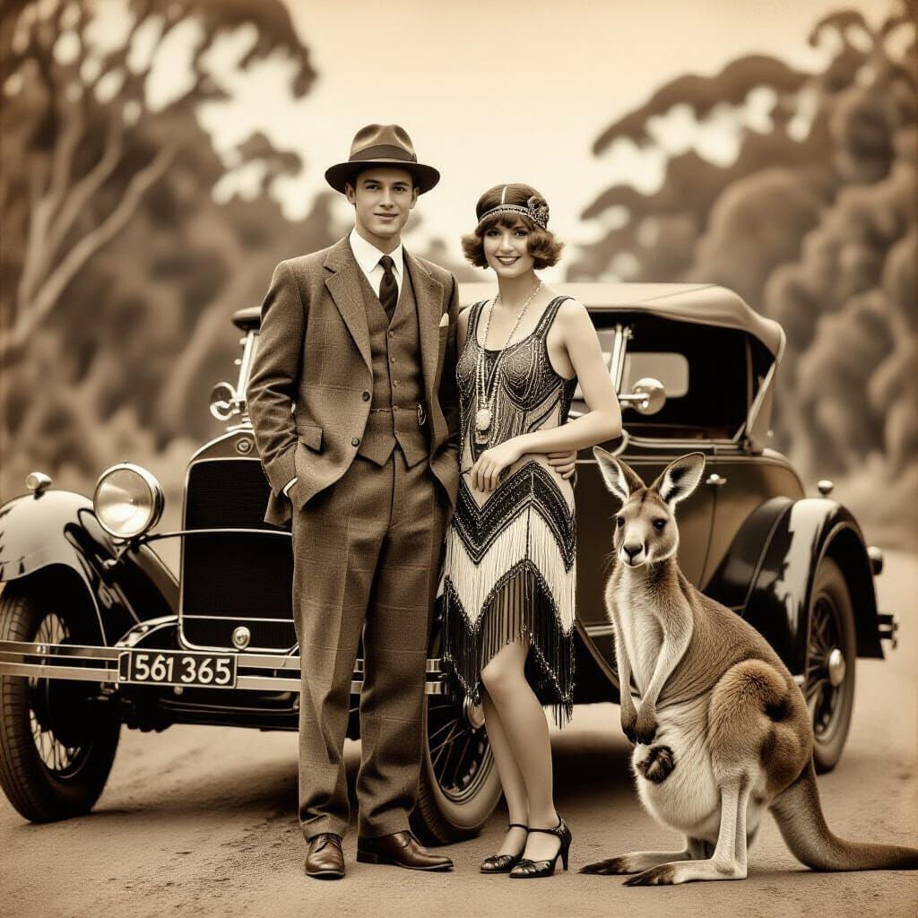 Vintage Photo: Couple Poses With Kangaroo and Roadster