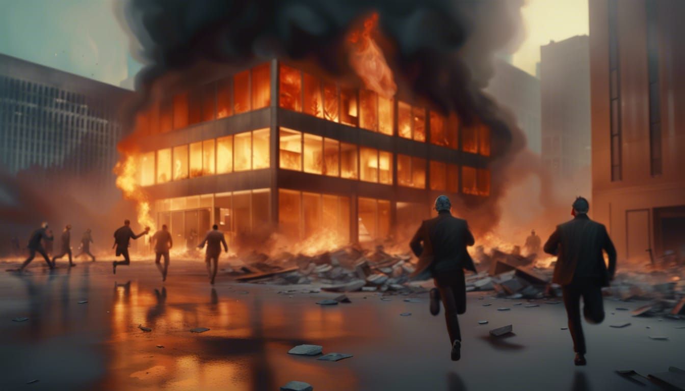 Burning Office Building in Photorealistic Action Style