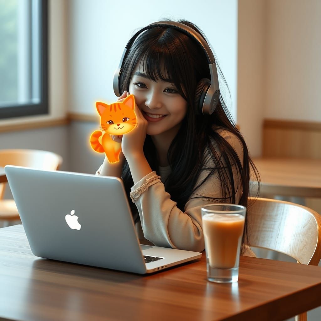 Girl with Holographic Cat in Minimalist Cafe