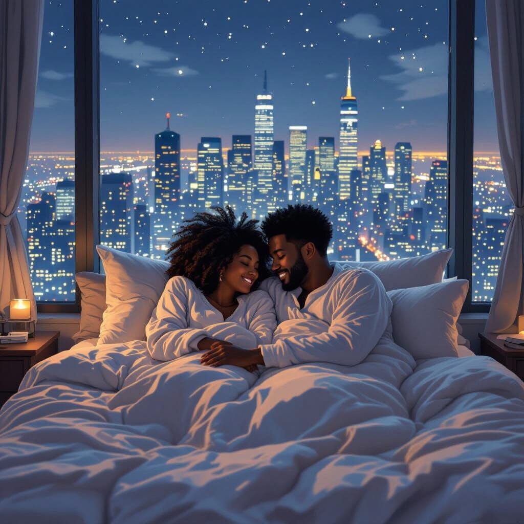 Cozy Couple in Bed with City View, Digital Painting Style
