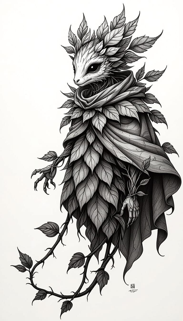 Detailed Anthropomorphic Plant Creature in Charcoal Style