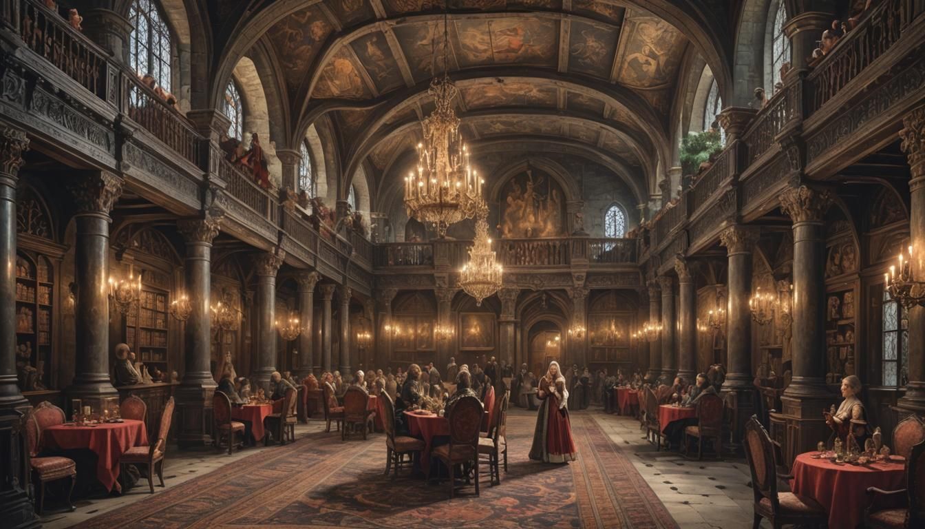 Medieval Knights and Damsels in Dimly Lit Chamber