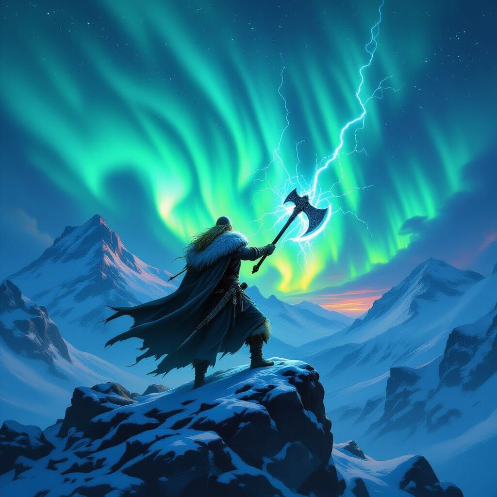 Viking Warrior with Lightning Axe Under Cosmic Aurora in Ice...