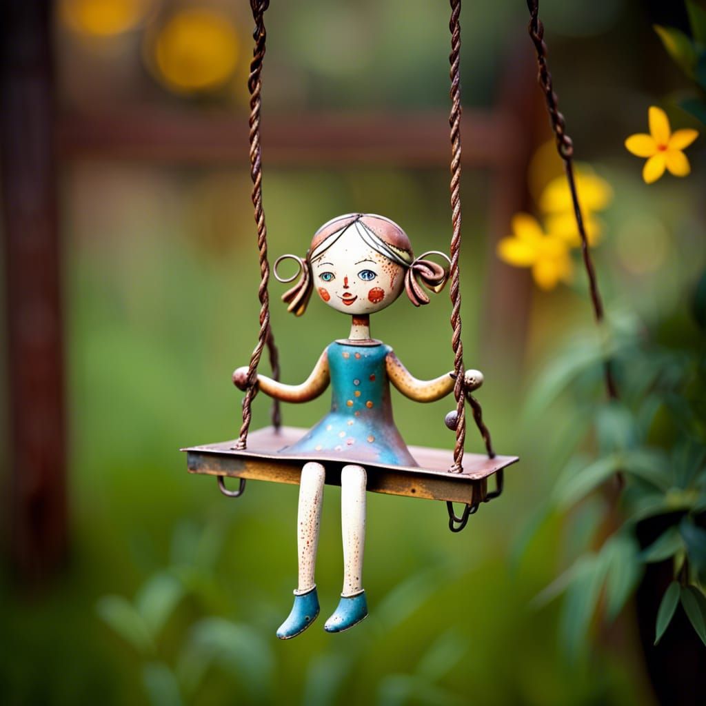 Whimsical Metal Toy Girl on a Swing