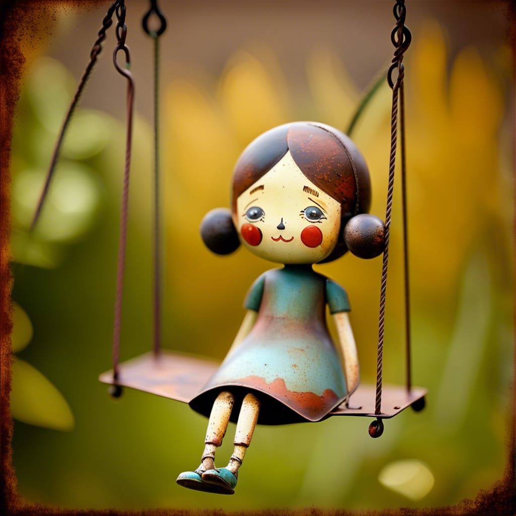 Whimsical Metal Toy Girl in Garden on Swing