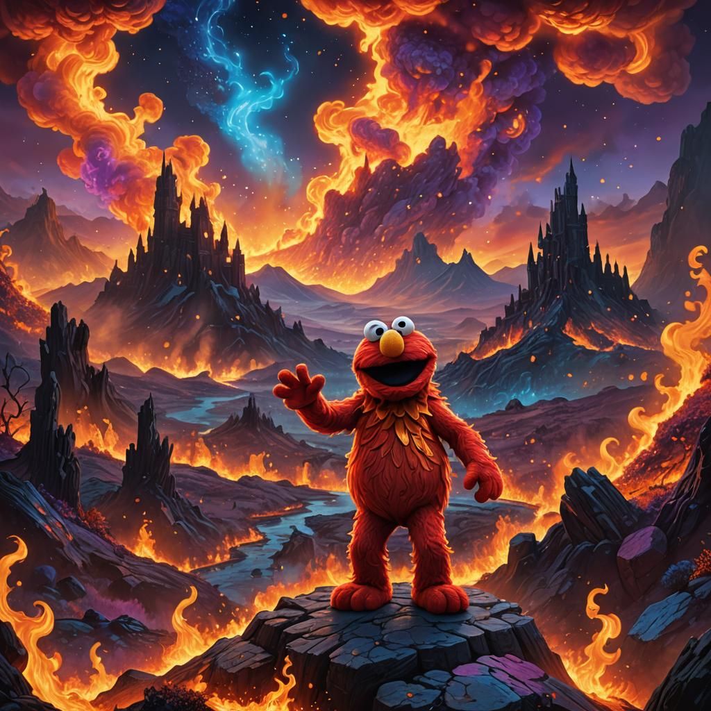 Elmo in a Fiery Surreal Fantasy World