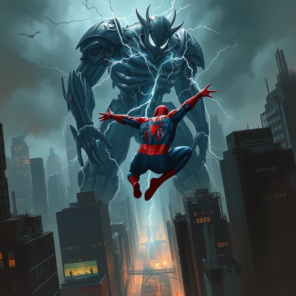 Spiderman Charges Electron in a Dark Dystopian Metropolis