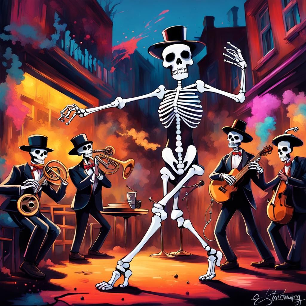 Stylish Skeleton Jazz Band in Graffiti Art Style