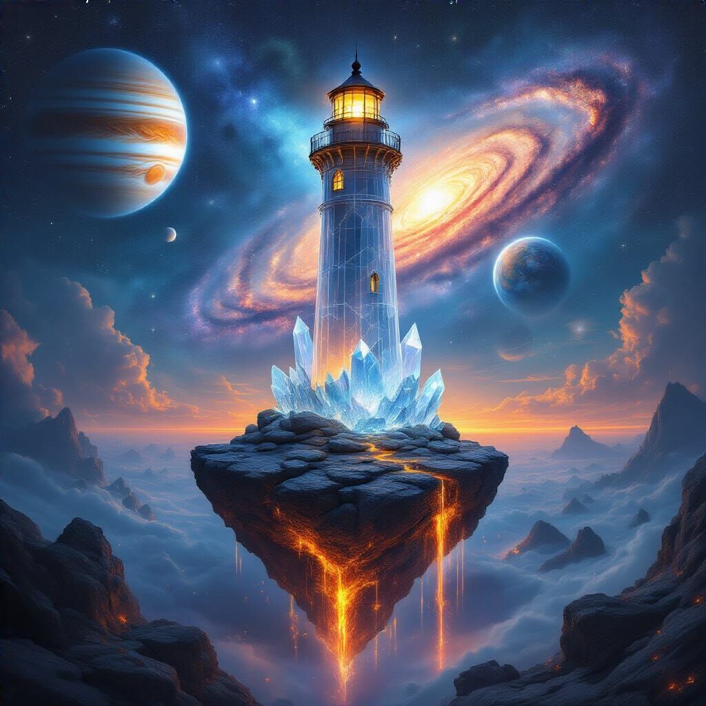 Crystalline Lighthouse with Cosmic Vista