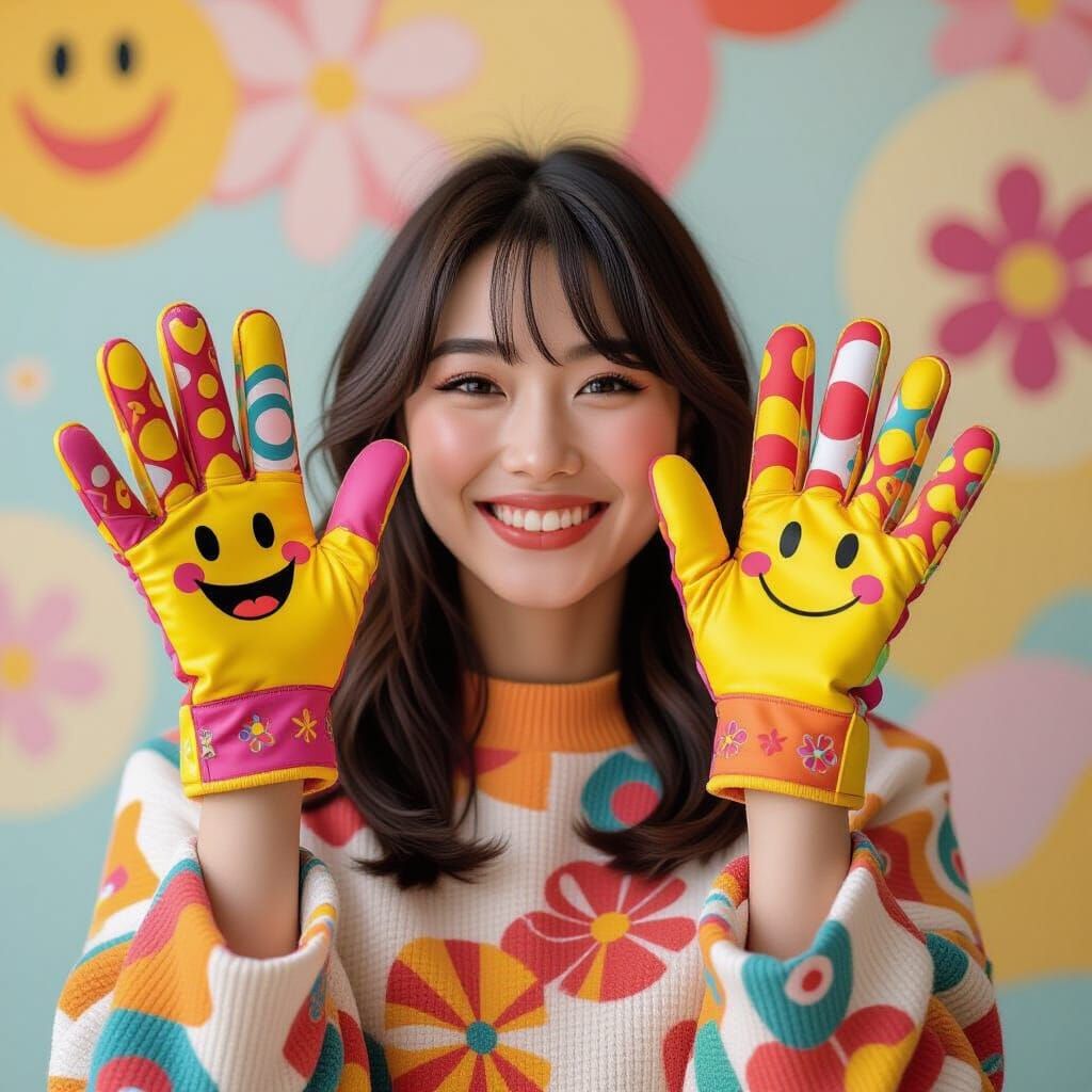 Vibrant Smiley Gloves Pose, Bold Lines & Playful Patterns