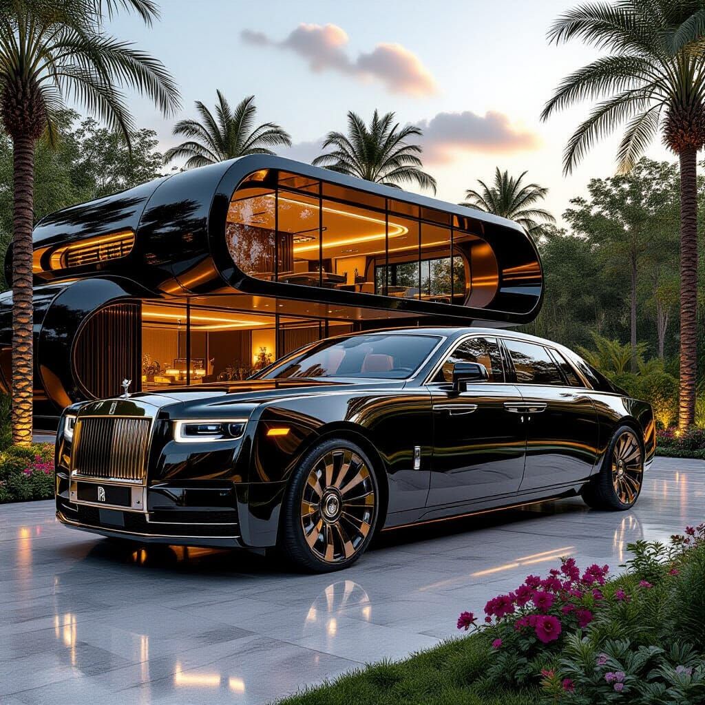 A futuristic Rolls Royce, in monochromatic metallic black