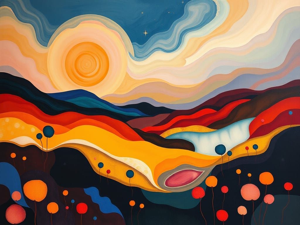 Vibrant, Symbolic Modernist Landscape with Bold Forms and Co...