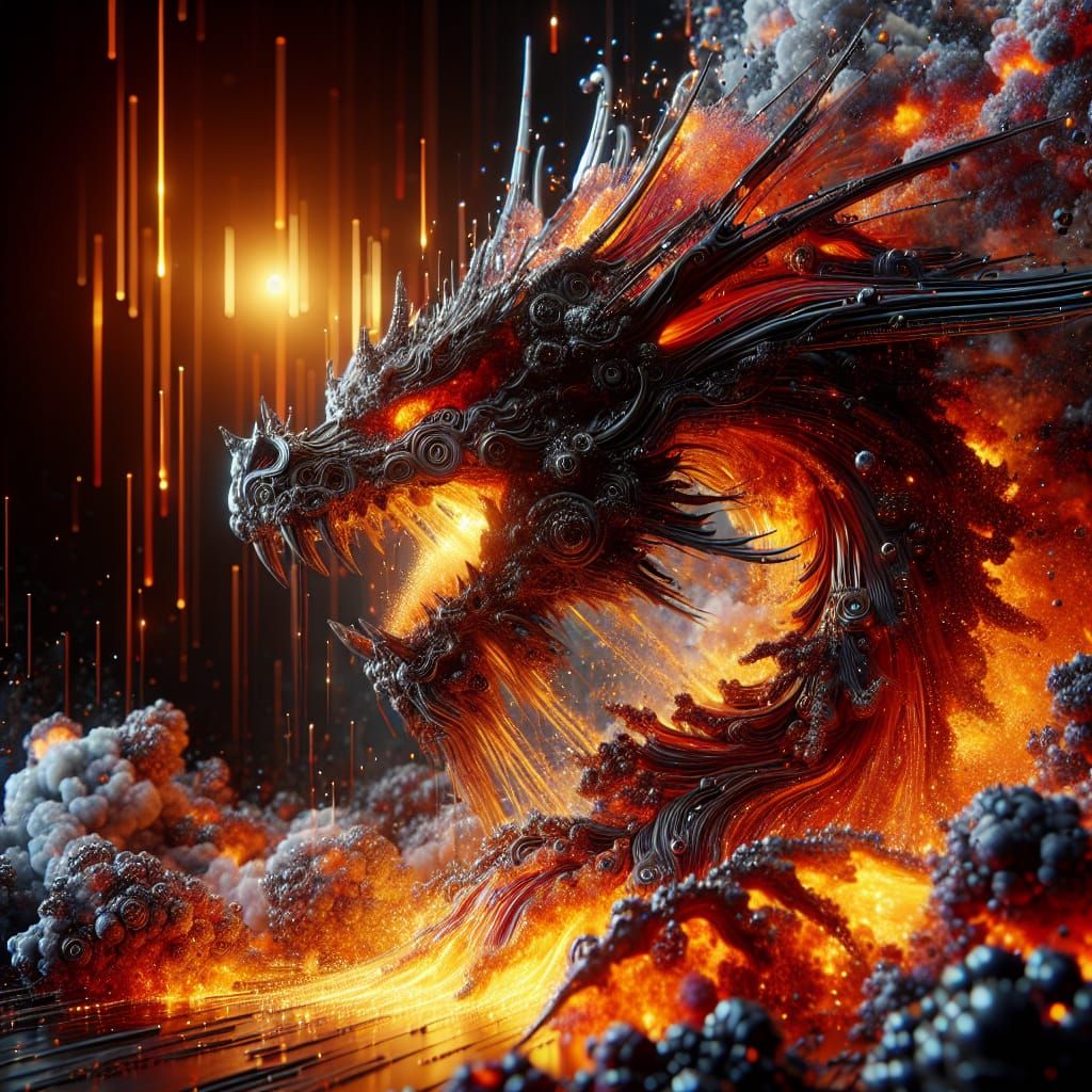 Ferrofluid Dragon Emerges in Fiery Light