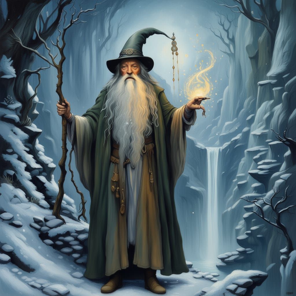 "(🧙‍♂️🧝‍♀️🔮🏞 1.5) Radagast Conjures Magic, the snows of winter in Rivendell, Oil Painting, Deep Saturation, JMW Turn...