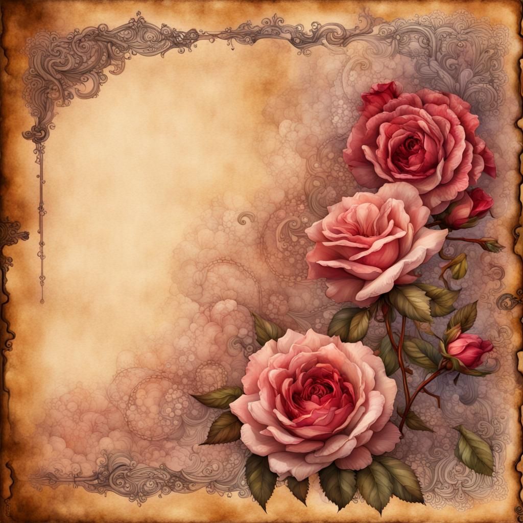 Vintage Roses with Lace in Steampunk Watercolor Style