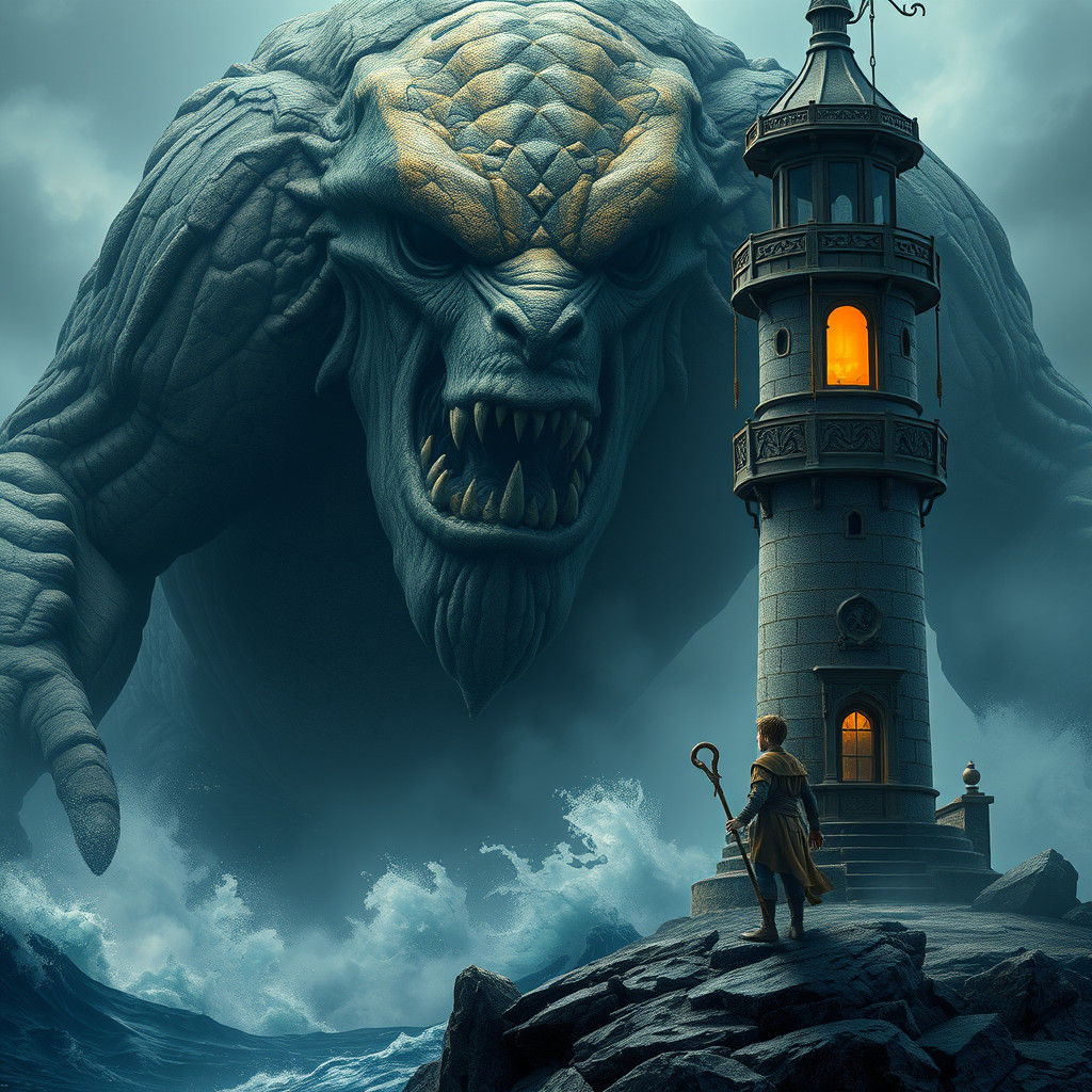 Titan and Boy by Lighthouse: Hyper-Realistic Matte Painting