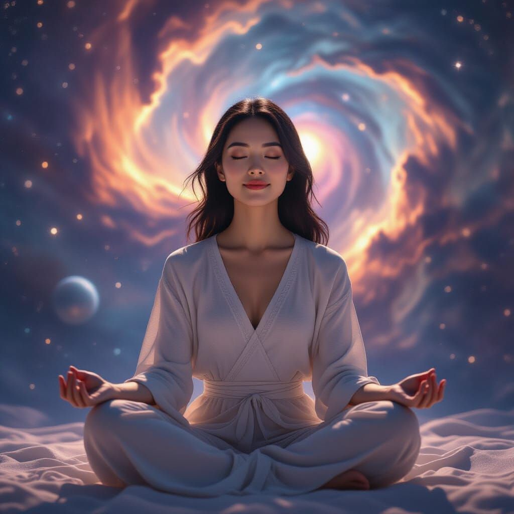 Asian Woman Meditating in Cosmic Nebula, Celestial Glow