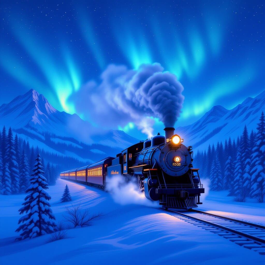 Majestic Steam Train Crosses Icy Plains Under Aurora Sky