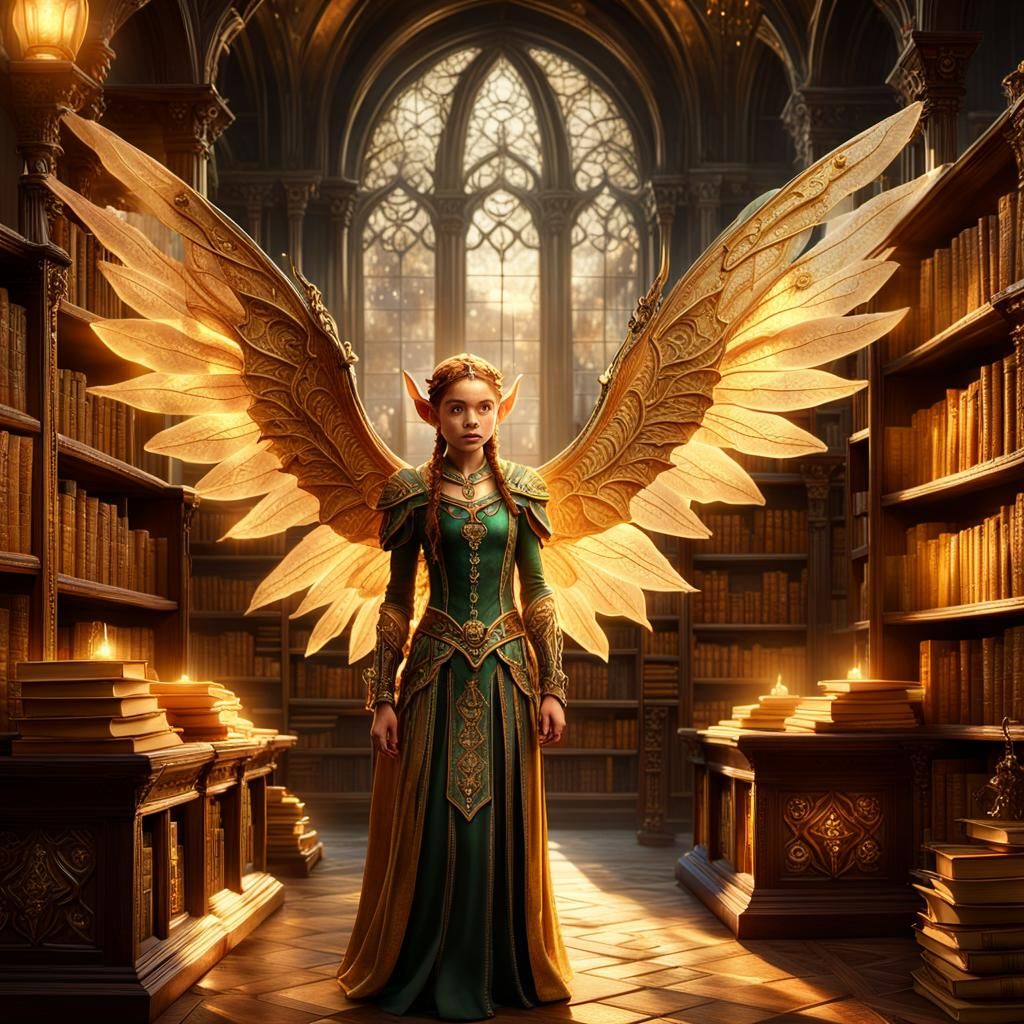 Enchanting Elf in Magical Library, Fantasy Concept Art