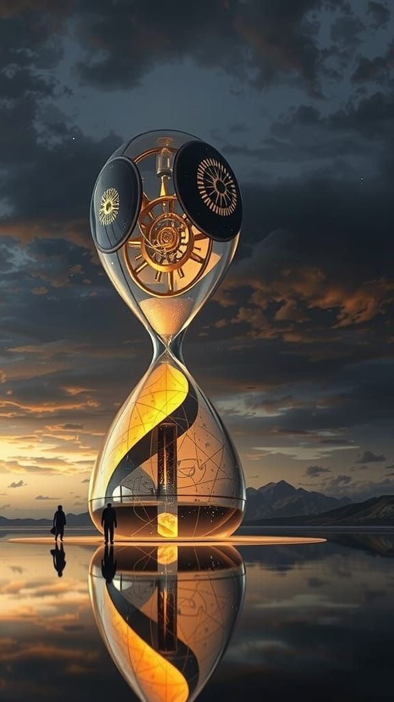 „Die leuchtende Sanduhr der Zukunft: Zahnräder drehen die Zeit in surrealer Landschaft voller Geheimnisse“