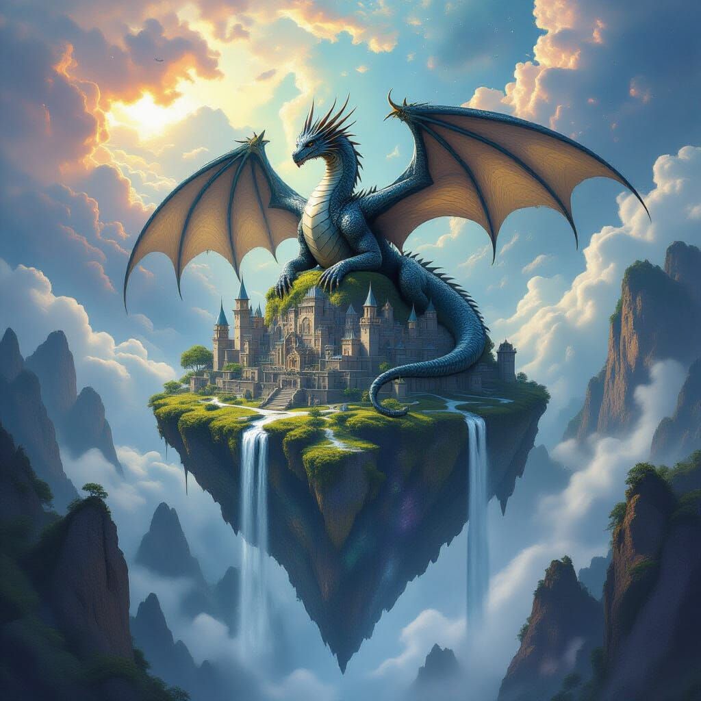 Ancient Obsidian Dragon on Floating Island Above Crystal Cit...